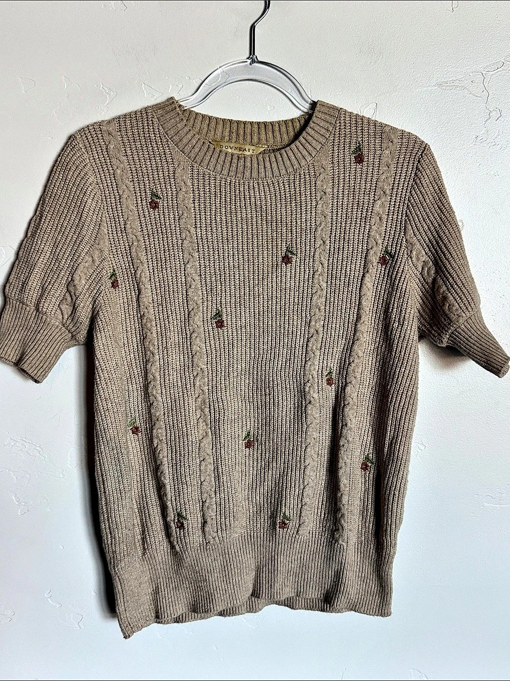 Downeast Cable Cute Crew Floral Knit Crewneck Sweater Brown XS